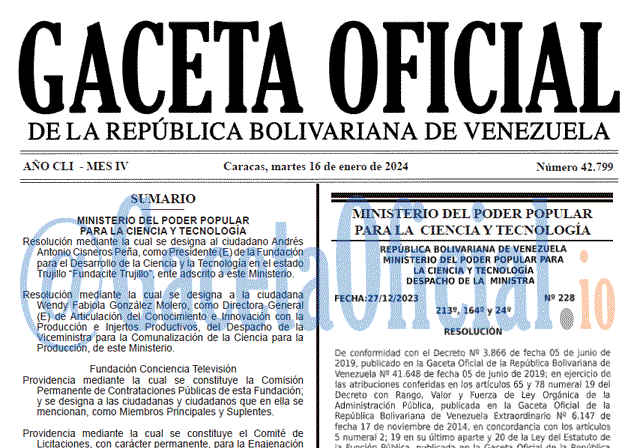 Gaceta Oficial, Gaceta 42799, Gaceta 42799 HD, Gaceta #42799, Gaceta Oficial Venezuela #42799