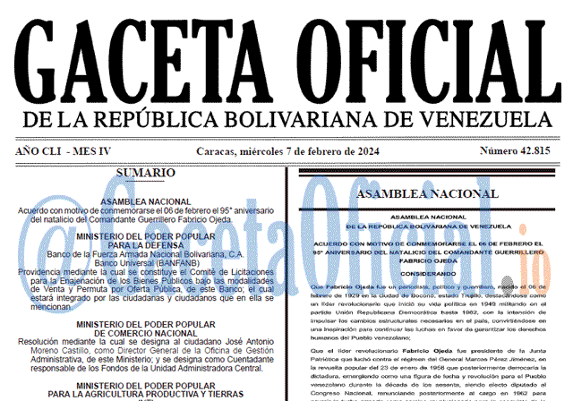 Venezuela Gaceta Oficial 42815 del 7 Febrero 2024 Gaceta Oficial, Gaceta 42815, Gaceta 42815 HD, Gaceta #42815, Gaceta Oficial Venezuela #42815