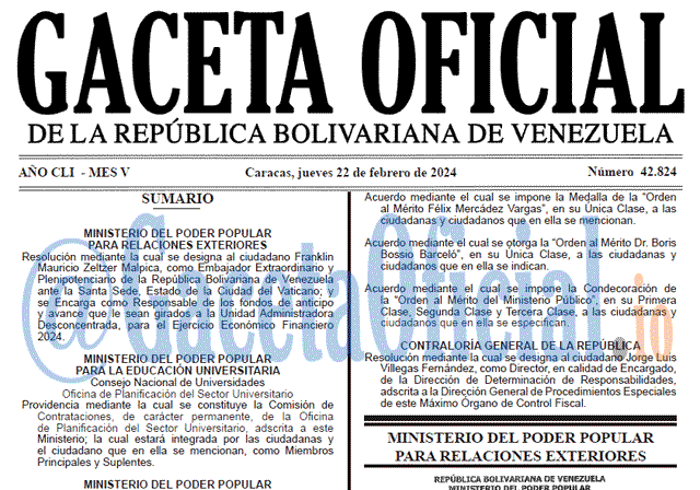Gaceta Oficial, Gaceta 42824, Gaceta 42824 HD, Gaceta #42824, Gaceta Oficial Venezuela #42824