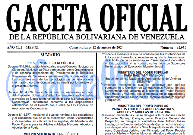 Venezuela Gaceta Oficial 42939 del 12 agosto 2024 Gaceta Oficial, Gaceta 42939, Gaceta 42939 HD, Gaceta #42939, Gaceta Oficial Venezuela #42939