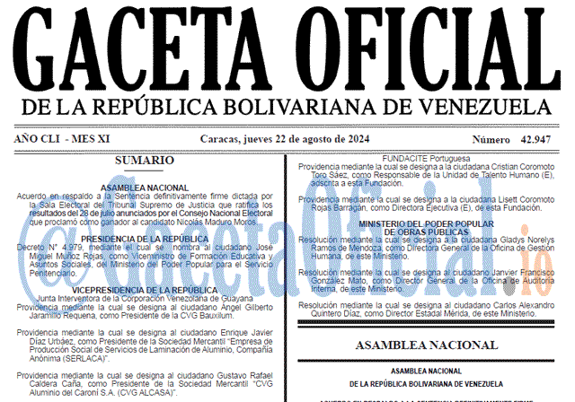 Venezuela Gaceta Oficial 42947 del 22 agosto 2024 Gaceta Oficial, Gaceta 42947, Gaceta 42947 HD, Gaceta #42947, Gaceta Oficial Venezuela #42947