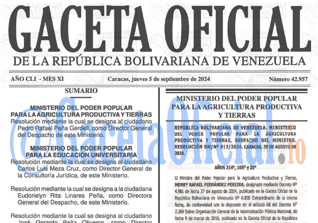 Venezuela Gaceta Oficial 42957 del 5 septiembre 2024 Gaceta Oficial, Gaceta 42957, Gaceta 42957 HD, Gaceta #42957, Gaceta Oficial Venezuela #42957