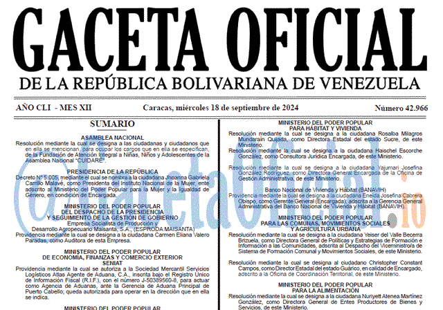 Venezuela Gaceta Oficial 42966 del 18 septiembre 2024 Gaceta Oficial, Gaceta 42966, Gaceta 42966 HD, Gaceta #42966, Gaceta Oficial Venezuela #42966