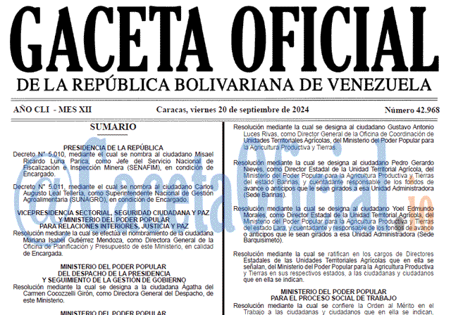 Venezuela Gaceta Oficial 42968 del 20 septiembre 2024 Gaceta Oficial, Gaceta 42968, Gaceta 42968 HD, Gaceta #42968, Gaceta Oficial Venezuela #42968