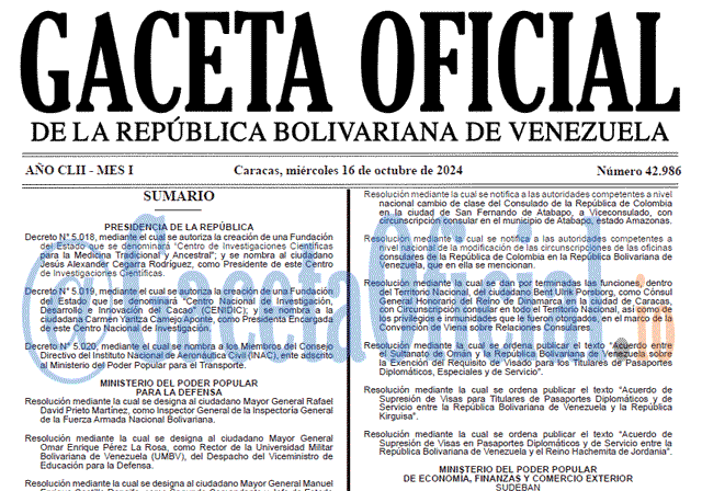 Gaceta Oficial, Gaceta 42986, Gaceta 42986 HD, Gaceta #42986, Gaceta Oficial Venezuela #42986