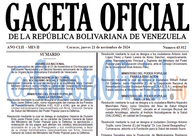Venezuela Gaceta Oficial 43012 del 21 noviembre 2024 Gaceta Oficial, Gaceta 43012, Gaceta 43012 HD, Gaceta #43012, Gaceta Oficial Venezuela #43012