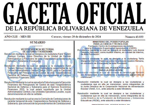 Venezuela Gaceta Oficial 43033 del 20 diciembre 2033 Gaceta Oficial, Gaceta 43033, Gaceta 43033 HD, Gaceta #43033, Gaceta Oficial Venezuela #43033