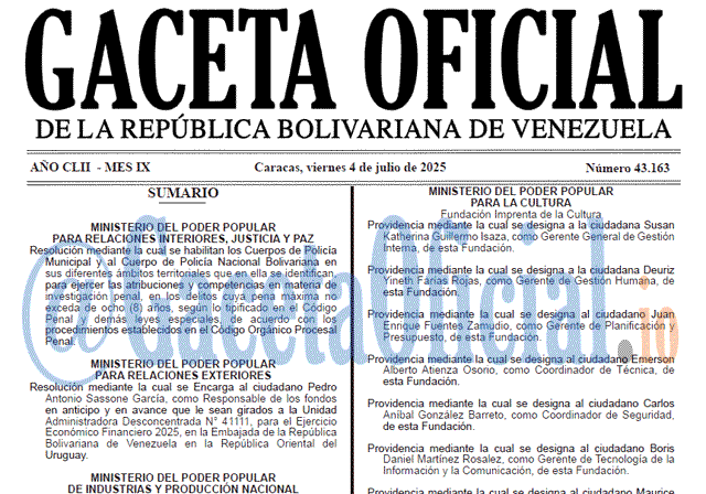 Gaceta Oficial, Gaceta 43163, Gaceta 43163 HD, Gaceta #43163, Gaceta Oficial Venezuela #43163
