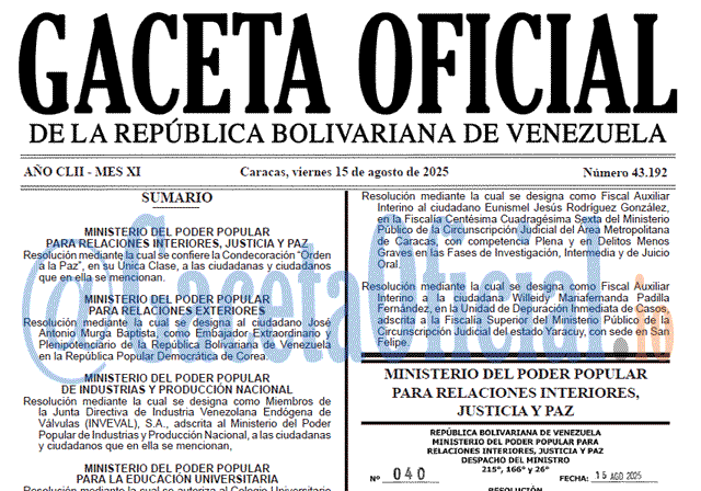 Gaceta Oficial, Gaceta 43192, Gaceta 43192 HD, Gaceta #43192, Gaceta Oficial Venezuela #43192