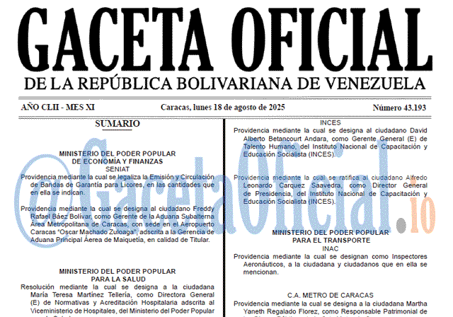 Gaceta Oficial, Gaceta 43193, Gaceta 43193 HD, Gaceta #43193, Gaceta Oficial Venezuela #43193