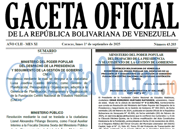 Venezuela Gaceta Oficial 43203 del 1 septiembre 2025 Gaceta Oficial, Gaceta 43203, Gaceta 43203 HD, Gaceta #43203, Gaceta Oficial Venezuela #43203