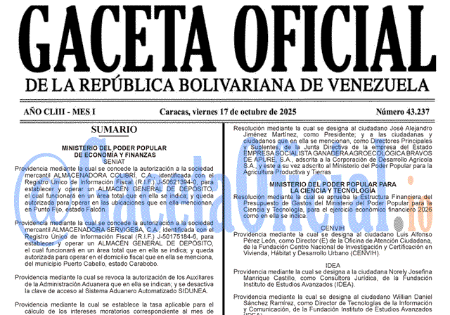 Venezuela Gaceta Oficial 43237 del 17 octubre 2025 Gaceta Oficial, Gaceta 43237, Gaceta 43237 HD, Gaceta #43237, Gaceta Oficial Venezuela #43237