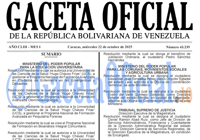 Venezuela Gaceta Oficial 43239 del 22 octubre 2025 Gaceta Oficial, Gaceta 43239, Gaceta 43239 HD, Gaceta #43239, Gaceta Oficial Venezuela #43239
