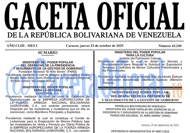 Venezuela Gaceta Oficial 43240 del 23 octubre 2025 Gaceta Oficial, Gaceta 43240, Gaceta 43240 HD, Gaceta #43240, Gaceta Oficial Venezuela #43240