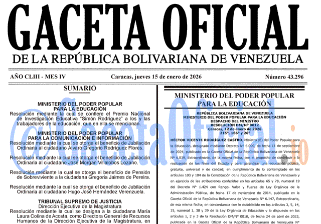 Gaceta Oficial, Gaceta 43296, Gaceta 43296 HD, Gaceta #43296, Gaceta Oficial Venezuela #43296