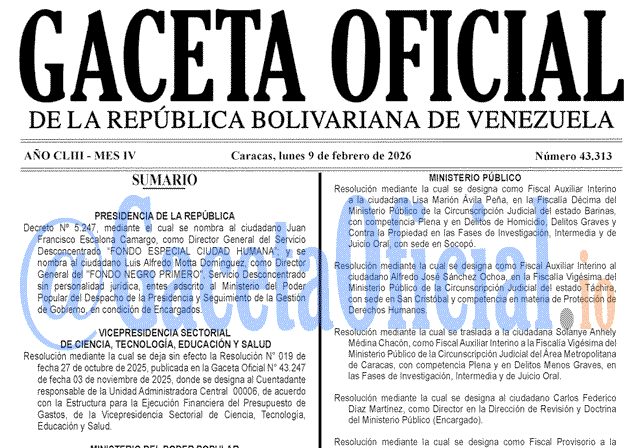 Venezuela Gaceta Oficial 43313 del 9 febrero 2026 Gaceta Oficial, Gaceta 43313, Gaceta 43313 HD, Gaceta #43313, Gaceta Oficial Venezuela #43313
