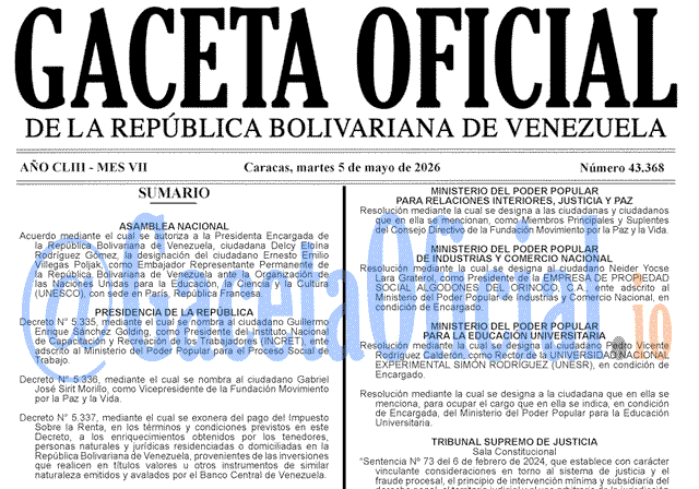 Gaceta Oficial, Gaceta 43368, Gaceta 43368 HD, Gaceta #43368, Gaceta Oficial Venezuela #43368