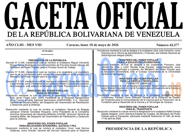 Gaceta Oficial, Gaceta 43377, Gaceta 43377 HD, Gaceta #43377, Gaceta Oficial Venezuela #43377