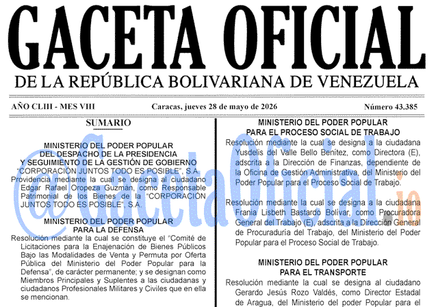 Venezuela Gaceta Oficial 43385 del 28 mayo 2026 Gaceta Oficial, Gaceta 43385, Gaceta 43385 HD, Gaceta #43385, Gaceta Oficial Venezuela #43385