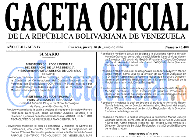 Venezuela Gaceta Oficial 43400 del 18 junio 2026 Gaceta Oficial, Gaceta 43400, Gaceta 43400 HD, Gaceta #43400, Gaceta Oficial Venezuela #43400