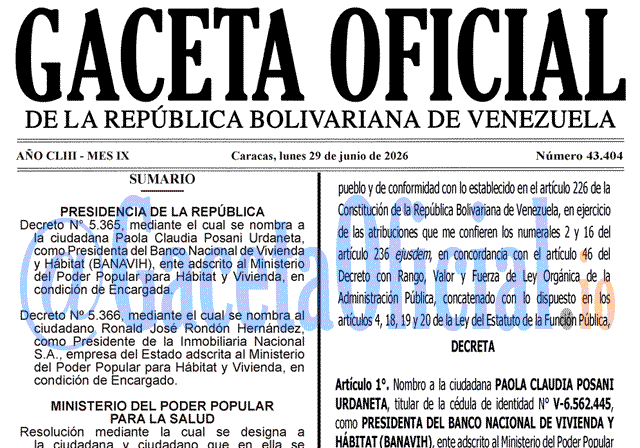 Gaceta Oficial Venezuela #43404 del 29 junio 2026 Gaceta Oficial, Gaceta 43404, Gaceta 43404 HD, Gaceta #43404, Gaceta Oficial Venezuela #43404