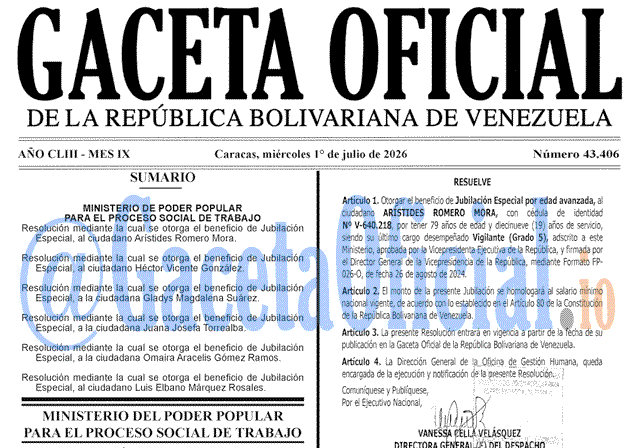 Venezuela Gaceta Oficial 43406 del 1 julio 2026 Gaceta Oficial, Gaceta 43406, Gaceta 43406 HD, Gaceta #43406, Gaceta Oficial Venezuela #43406
