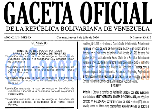 Venezuela Gaceta Oficial 43412 del 9 julio 2026 Gaceta Oficial, Gaceta 43412, Gaceta 43412 HD, Gaceta #43412, Gaceta Oficial Venezuela #43412
