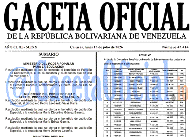 Venezuela Gaceta Oficial 43414 del 13 julio 2026 Gaceta Oficial, Gaceta 43414, Gaceta 43414 HD, Gaceta #43414, Gaceta Oficial Venezuela #43414