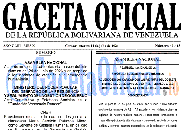 Venezuela Gaceta Oficial 43415 del 14 julio 2026 Gaceta Oficial, Gaceta 43415, Gaceta 43415 HD, Gaceta #43415, Gaceta Oficial Venezuela #43415
