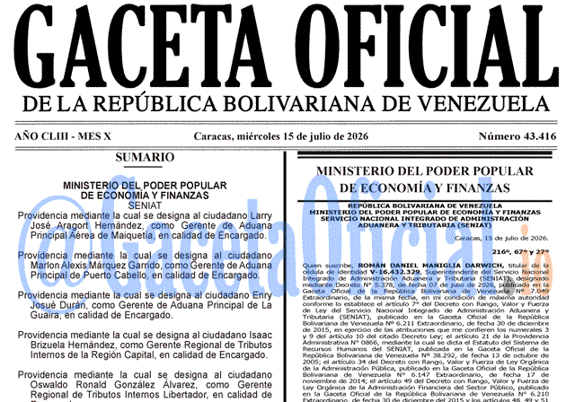 Venezuela Gaceta Oficial 43416 del 15 julio 2026 Gaceta Oficial, Gaceta 43416, Gaceta 43416 HD, Gaceta #43416, Gaceta Oficial Venezuela #43416