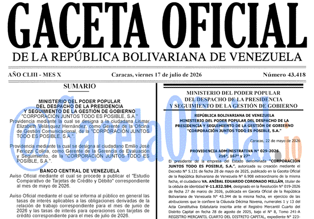 Venezuela Gaceta Oficial 43418 del 17 julio 2026 Gaceta Oficial, Gaceta 43418, Gaceta 43418 HD, Gaceta #43418, Gaceta Oficial Venezuela #43418