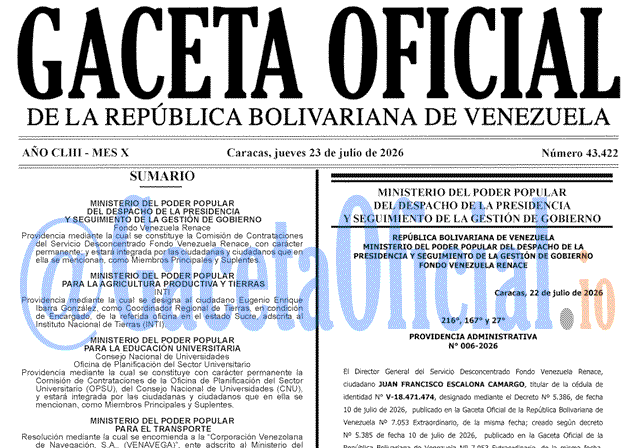 Venezuela Gaceta Oficial 43422 del 23 julio 2026 Gaceta Oficial, Gaceta 43422, Gaceta 43422 HD, Gaceta #43422, Gaceta Oficial Venezuela #43422