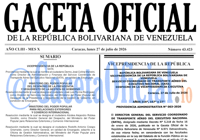 Venezuela Gaceta Oficial 43423 del 27 julio 2026 Gaceta Oficial, Gaceta 43423, Gaceta 43423 HD, Gaceta #43423, Gaceta Oficial Venezuela #43423