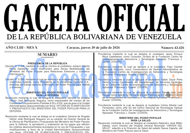 Venezuela Gaceta Oficial 43426 del 30 julio 2026 Gaceta Oficial, Gaceta 43426, Gaceta 43426 HD, Gaceta #43426, Gaceta Oficial Venezuela #43426
