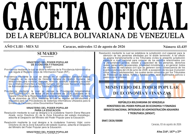 Venezuela Gaceta Oficial 43435 del 12 agosto 2026 Gaceta Oficial, Gaceta 43435, Gaceta 43435 HD, Gaceta #43435, Gaceta Oficial Venezuela #43435