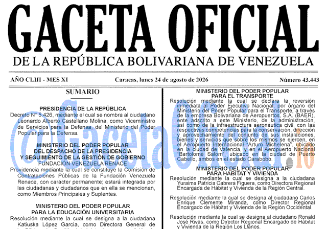 Venezuela Gaceta Oficial 43443 del 24 agosto 2026 Gaceta Oficial, Gaceta 43443, Gaceta 43443 HD, Gaceta #43443, Gaceta Oficial Venezuela #43443
