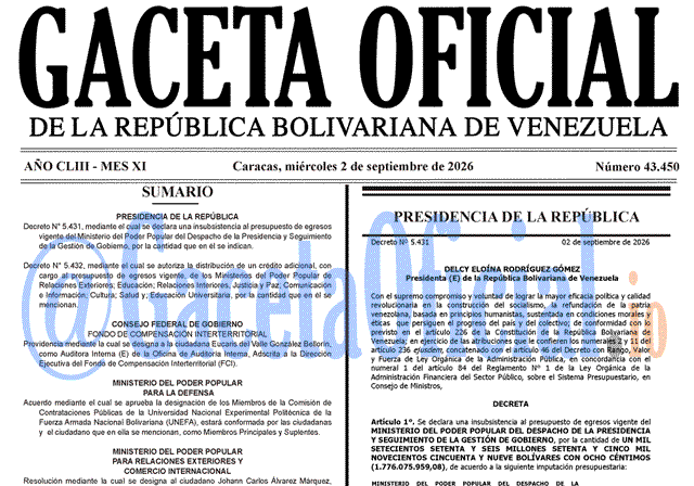 Venezuela Gaceta Oficial 43450 del 2 septiembre 2026 Gaceta Oficial, Gaceta 43450, Gaceta 43450 HD, Gaceta #43450, Gaceta Oficial Venezuela #43450