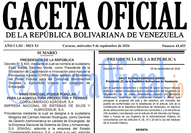 Venezuela Gaceta Oficial 43455 del 9 septiembre 2026 Gaceta Oficial, Gaceta 43455, Gaceta 43455 HD, Gaceta #43455, Gaceta Oficial Venezuela #43455