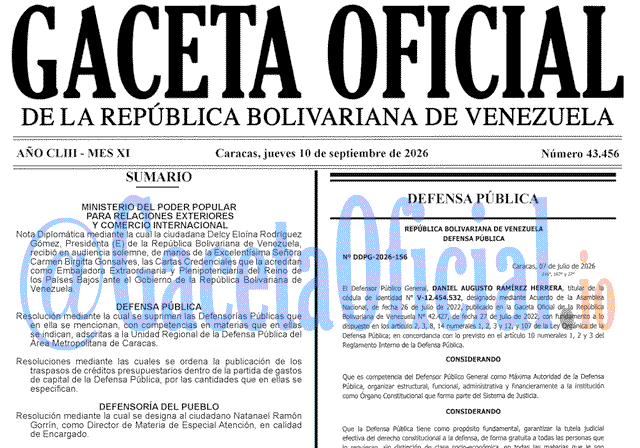 Venezuela Gaceta Oficial 43456 del 10 septiembre 2026 Gaceta Oficial, Gaceta 43456, Gaceta 43456 HD, Gaceta #43456, Gaceta Oficial Venezuela #43456