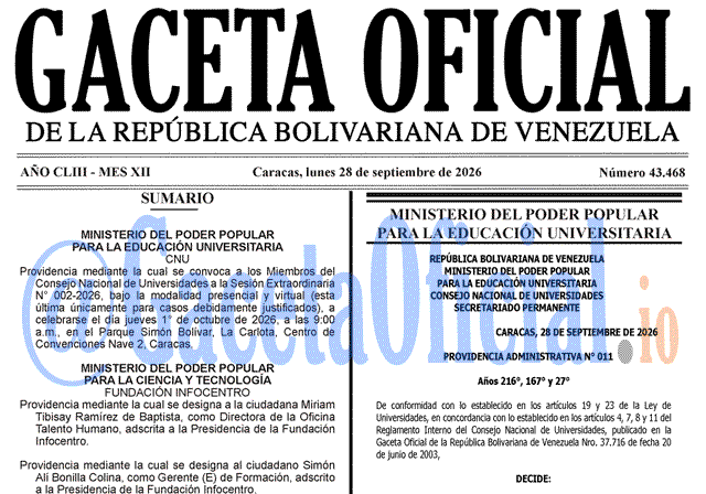 Venezuela Gaceta Oficial 43468 del 28 septiembre 2026 Gaceta Oficial, Gaceta 43468, Gaceta 43468 HD, Gaceta #43468, Gaceta Oficial Venezuela #43468