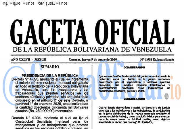 Gaceta Oficial 6502 del 9 Enero 2020 Gaceta Oficial 6502 del 9 Enero 2020