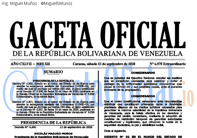 Gaceta Oficial 6575 del 12 septiembre 2020 Gaceta Oficial 6575 del 12 septiembre 2020