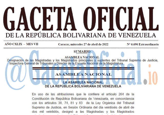 Venezuela Gaceta Oficial 6696 del 27 abril 2022