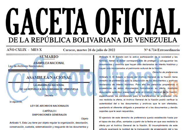 Venezuela Gaceta Oficial 6714 del 26 julio 2022
