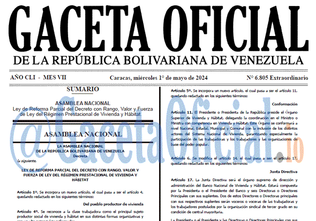 Venezuela Gaceta Oficial 6805 del 1 mayo 2024: Ley de Reforma Parcial del Decreto con Rango, Valor y Fuerza de Ley del Régimen Prestacional de Vivienda y Hábitat. Gaceta Oficial, Gaceta 6805, Gaceta 6805 HD, Gaceta #6805, Gaceta Oficial Venezuela #6805