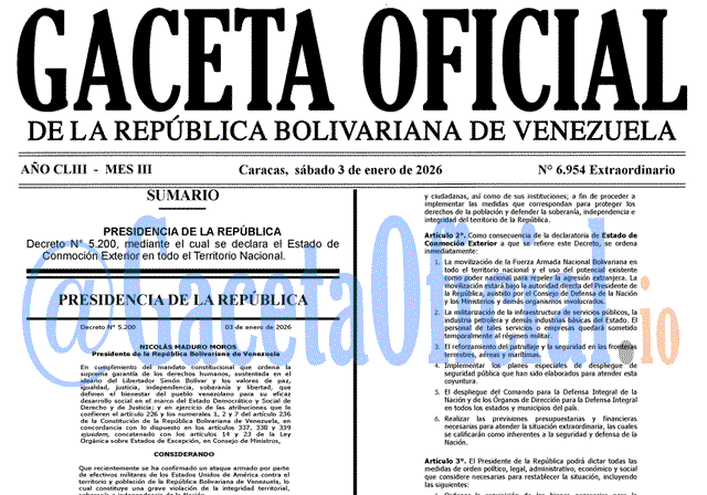 Venezuela Gaceta Oficial 6954 del 3 enero 2026 Gaceta Oficial, Gaceta 6954, Gaceta 6954 HD, Gaceta #6954, Gaceta Oficial Venezuela #6954