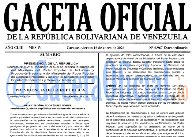 Venezuela Gaceta Oficial 6967 del 16 enero 2026 Gaceta Oficial, Gaceta 6967, Gaceta 6967 HD, Gaceta #6967, Gaceta Oficial Venezuela #6967